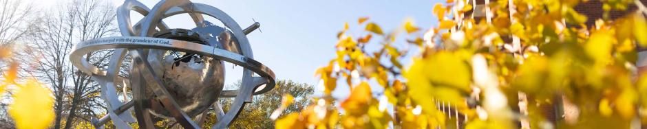 Globe statue in autumn leaves